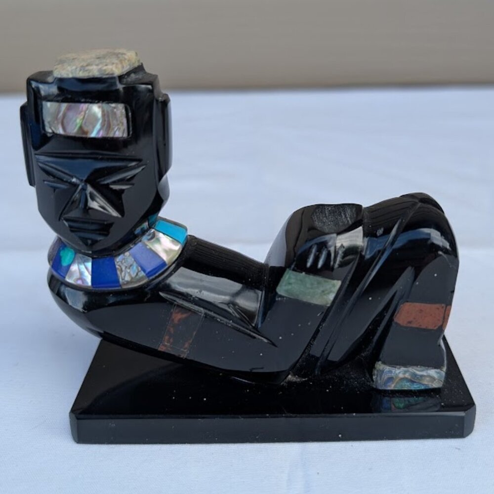 Carved Obsidian Inlayed with Semi  Precious Stones Mayan Figure
